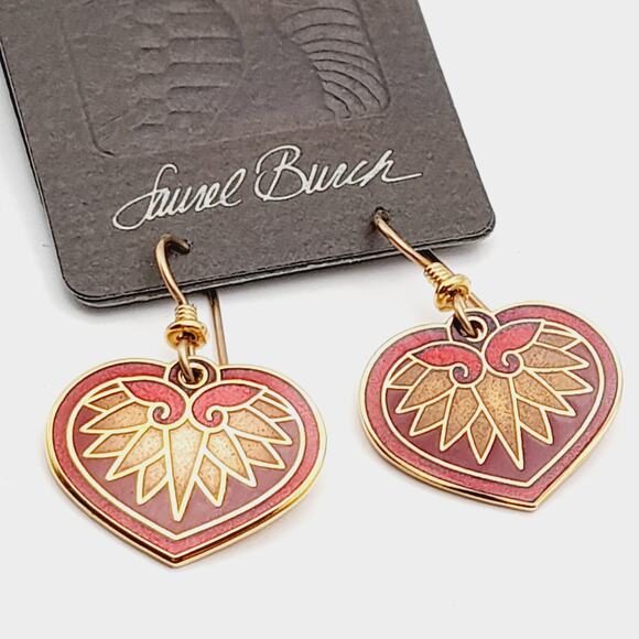 Vintage Laurel Burch Hollyhock Red Enamel Gold Plate 1988 Earrings Original Card - Picture 10 of 10